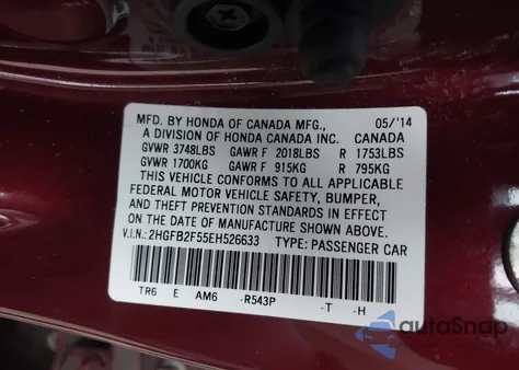 2014 Honda Civic Lx z USA, uszkodzony, nr VIN 2HGFB2F55EH526633